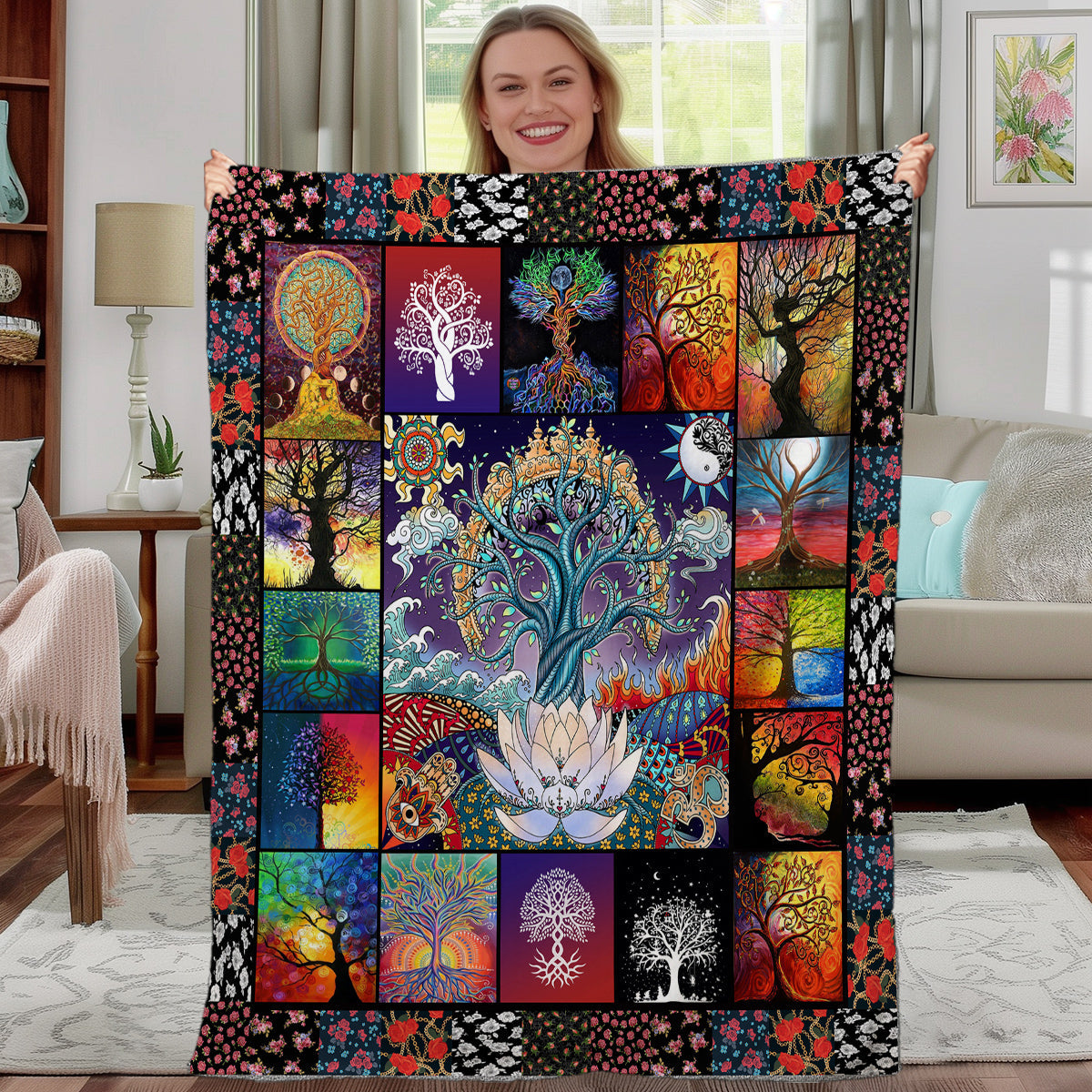 1 Pce Of Flannel With Various Lotus Tree Patterns, Soft And Fluffy, Multifunctional Outdoor Beach Camping, Living Room Sofa, Office Nap, Printed Blanket    Home Decor Supply | Online Retail | ShoreShopper.com