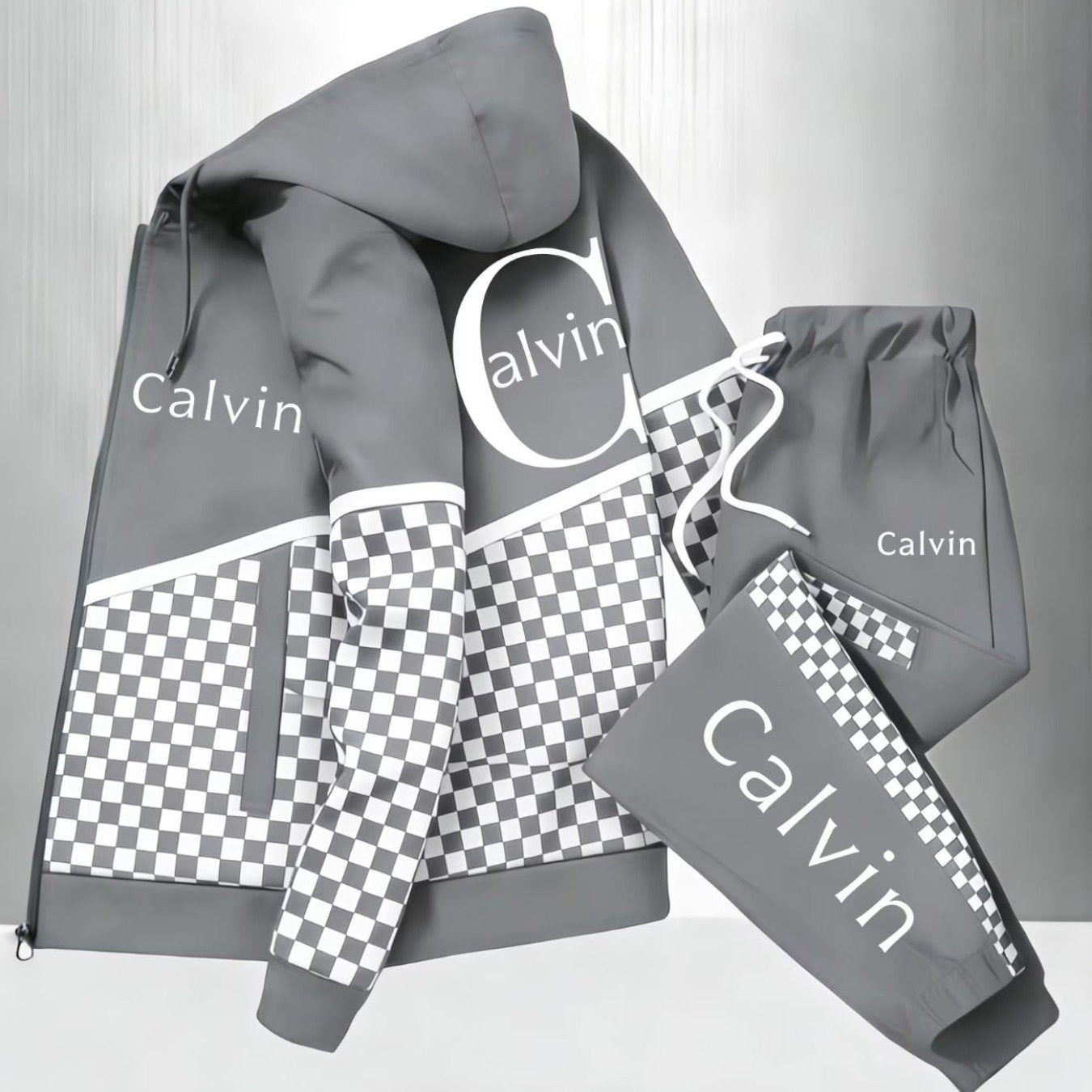 Men'S Hooded Tracksuit with Checkerboard Pattern and Calvin Letter Print | Casual Street Style, Non-Stretch Fabric, Geometric Pattern, Zipper Detail, Regular Fit for Spring/Fall    Home Decor Supply | Online Retail | ShoreShopper.com