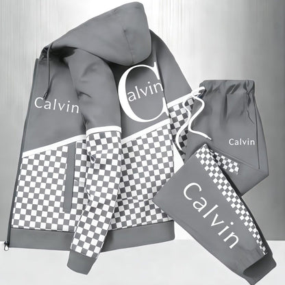 Men'S Hooded Tracksuit with Checkerboard Pattern and Calvin Letter Print | Casual Street Style, Non-Stretch Fabric, Geometric Pattern, Zipper Detail, Regular Fit for Spring/Fall    Home Decor Supply | Online Retail | ShoreShopper.com