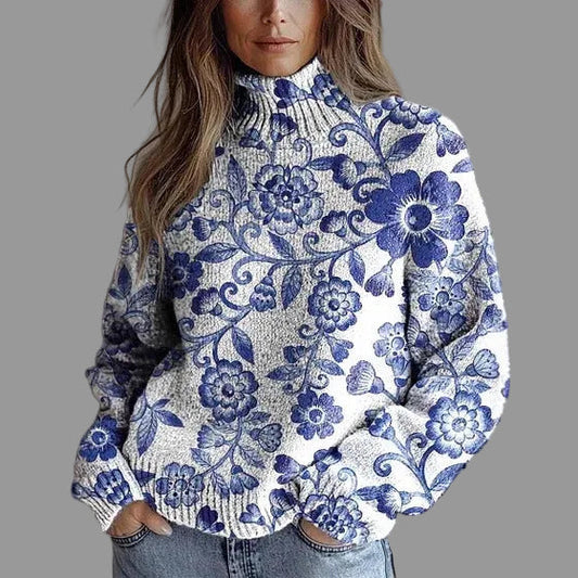 Elegant 3D Floral Print Turtleneck Sweater - Cozy Long Sleeve Pullover    Home Decor Supply | Online Retail | ShoreShopper.com