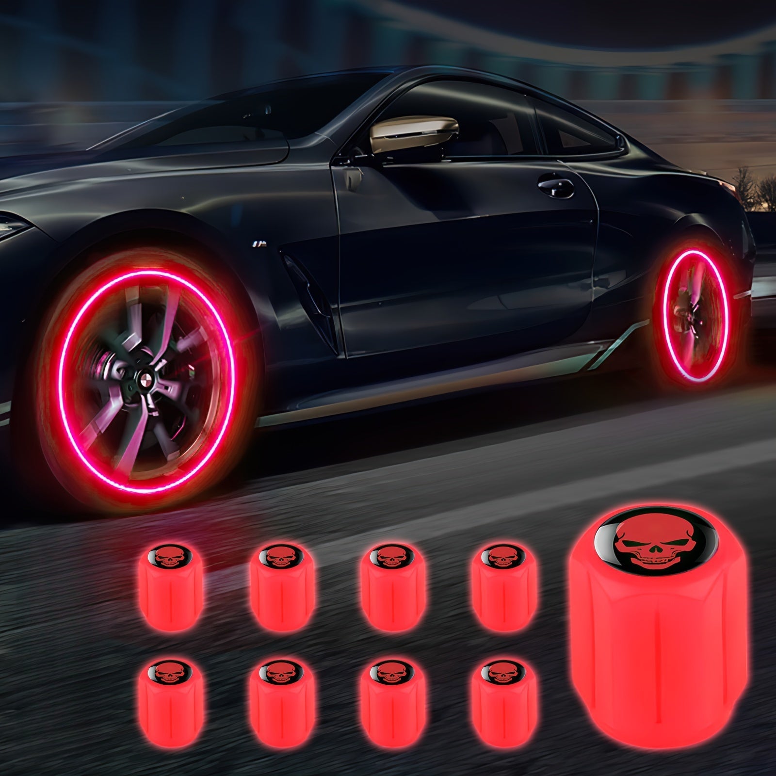 A Collection of Four Glowing Tire Valve Caps Designed to Stop Air from Escaping, Ideal for Vehicles Like Cars, Bikes, And Trucks, Adding a Fashionable Touch    Home Decor Supply | Online Retail | ShoreShopper.com