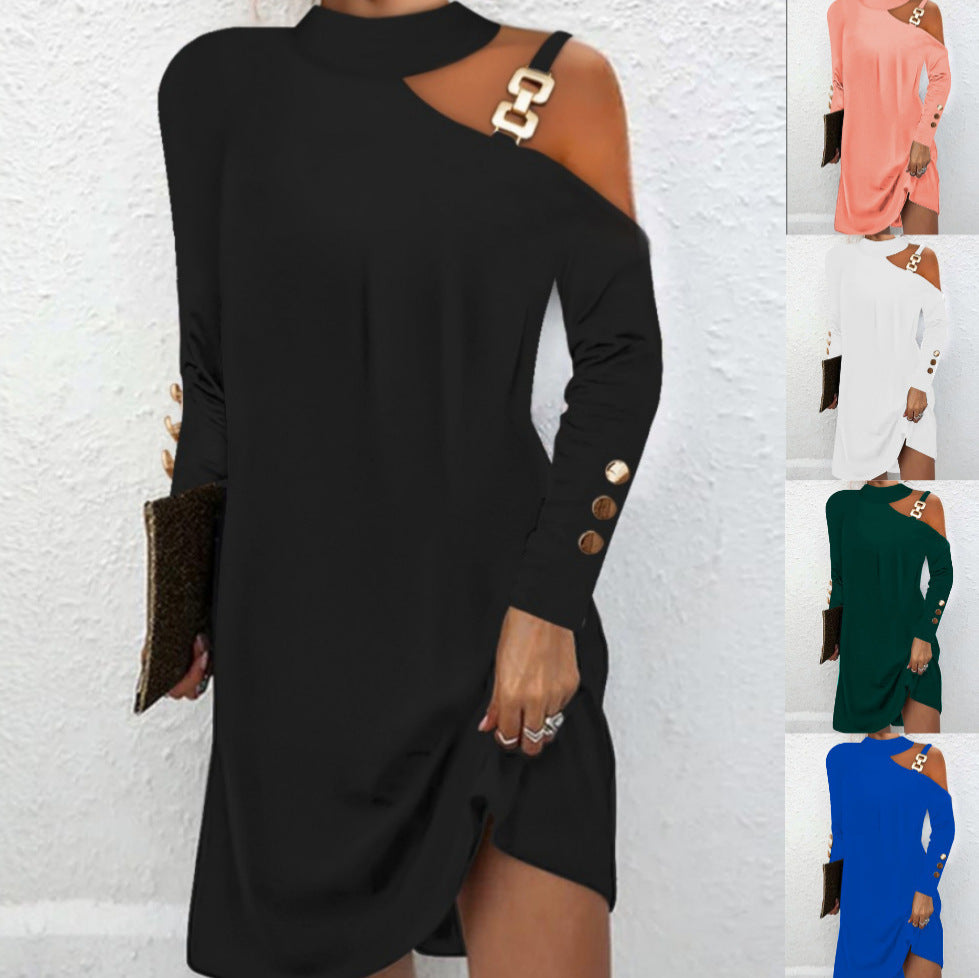 Fashion Women Solid Casual Dress Female Elegant Long Sleeve Metal Buckle Halter Neck Casual Mini Dress    Home Decor Supply | Online Retail | ShoreShopper.com