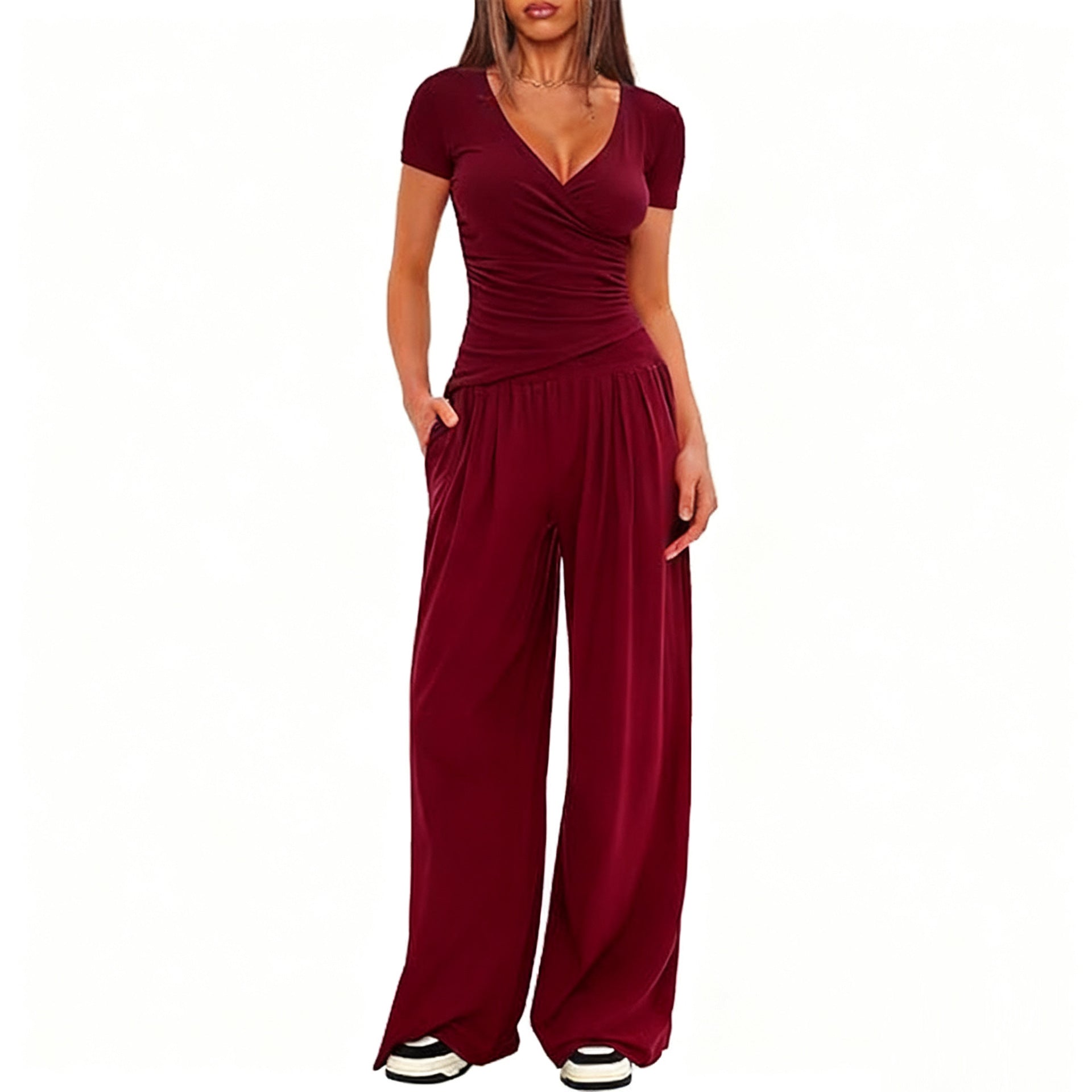 2 Pieces Women's V Neck Short-sleeve Sportswear Top And Wide-leg Pants Set Casual Comfortable Outfit Set For Daily Wear Gym Sports Outfit    Home Decor Supply | Online Retail | ShoreShopper.com