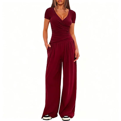 2 Pieces Women's V Neck Short-sleeve Sportswear Top And Wide-leg Pants Set Casual Comfortable Outfit Set For Daily Wear Gym Sports Outfit    Home Decor Supply | Online Retail | ShoreShopper.com