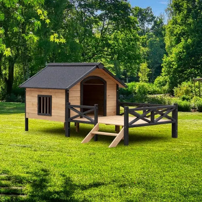 Premium Outdoor Wooden Dog Kennel - Large Cabin Style Pet House with Porch & Weather-Resistant Fir Wood - ShoreCo.Shop