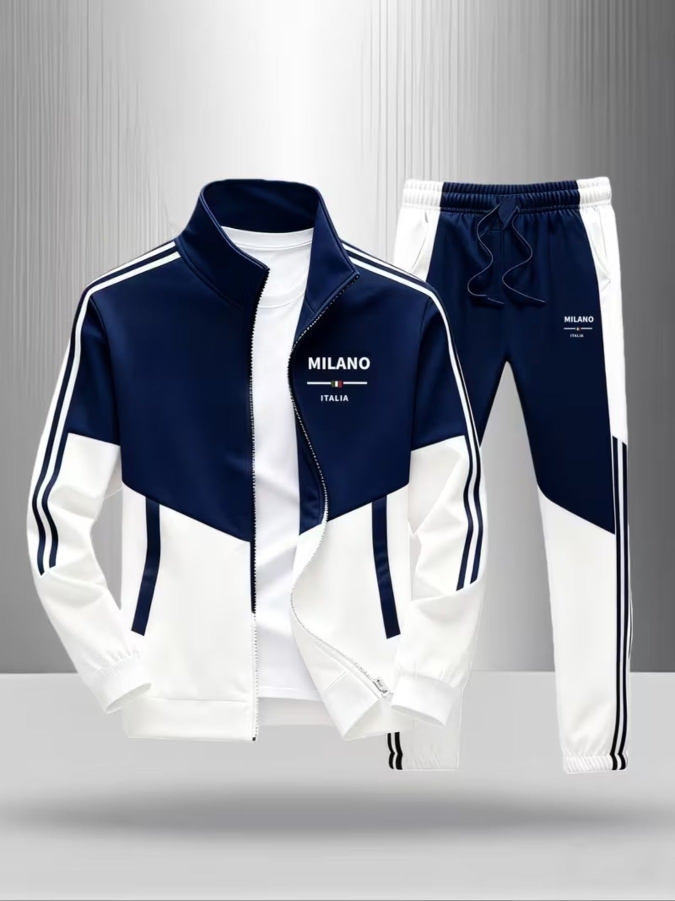 Track Jacket Pants Set Men's Fashion Casual Trendy Street Style Sportswear with MILANO ITALIA Letter Print Color Block Design Striped Pattern Men's Outfits for Adults Men Casual Wear Sportswear    Home Decor Supply | Online Retail | ShoreShopper.com