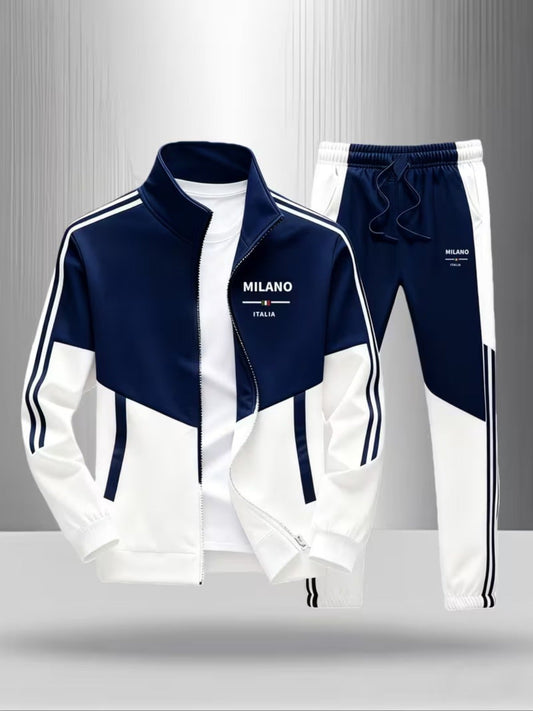 Track Jacket Pants Set Men's Fashion Casual Trendy Street Style Sportswear with MILANO ITALIA Letter Print Color Block Design Striped Pattern Men's Outfits for Adults Men Casual Wear Sportswear    Home Decor Supply | Online Retail | ShoreShopper.com