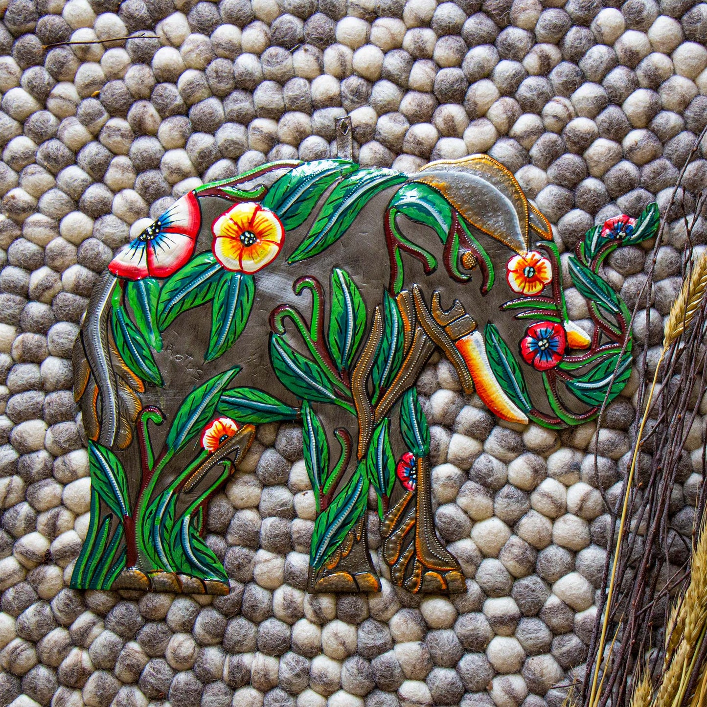 Hibiscus Elephant Haitian Metal Drum Art    Home Decor Supply | Online Retail | ShoreShopper.com