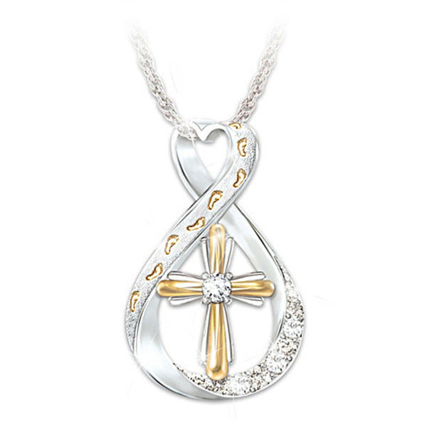 Silver Cross Footprint Diamond Pendant Two Tone - ShoreShopper.com