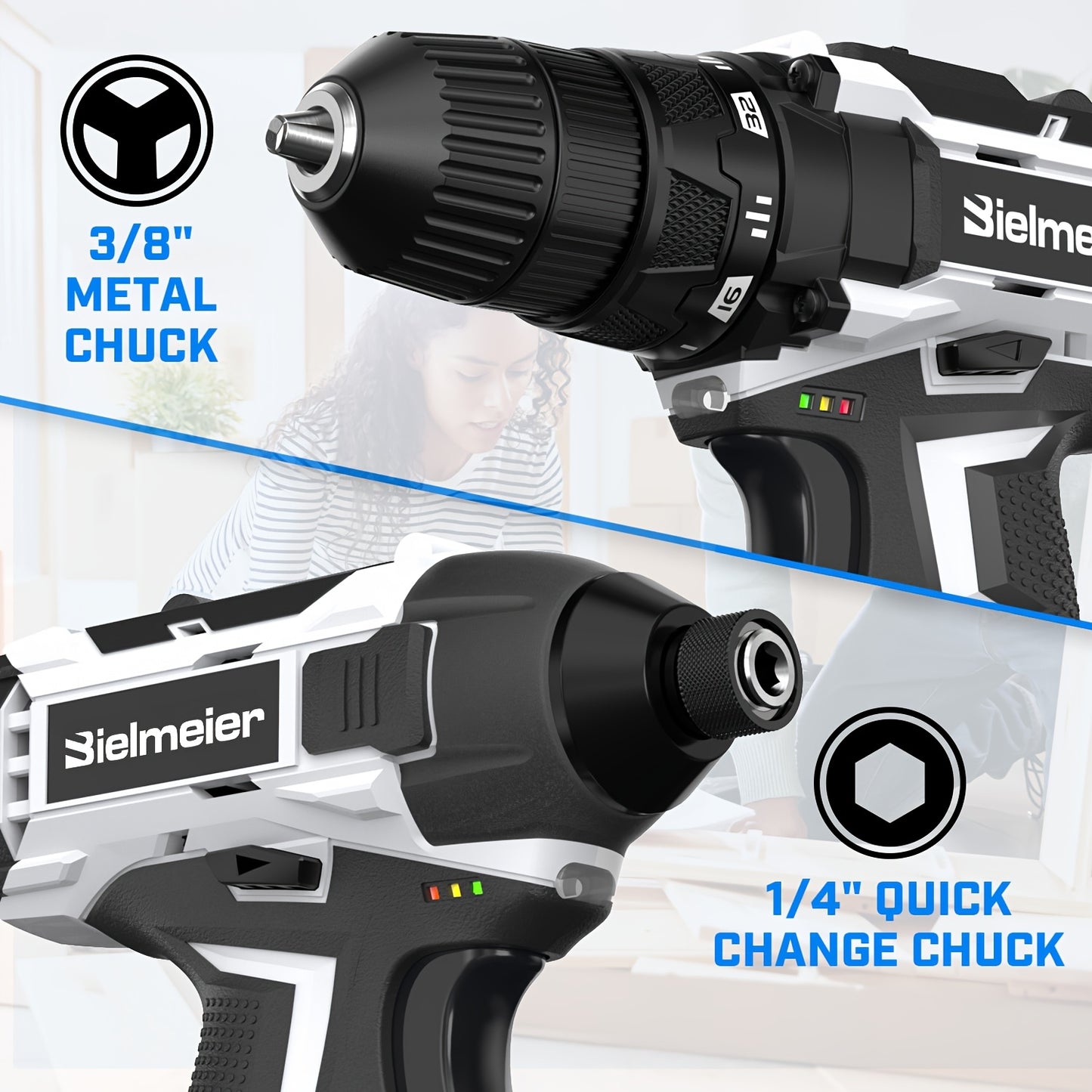 Bielmeier 20V 3/8" Drill And 1/4" Impact Driver Combo Kit, Featuring a Driving Speed of 3200RPM And a Drilling Speed of 1500RPM, Designed to Be Lightweight, with Two Speed Settings, Including 33pcs of Drive Bits And Sockets, - ShoreCo.Shop