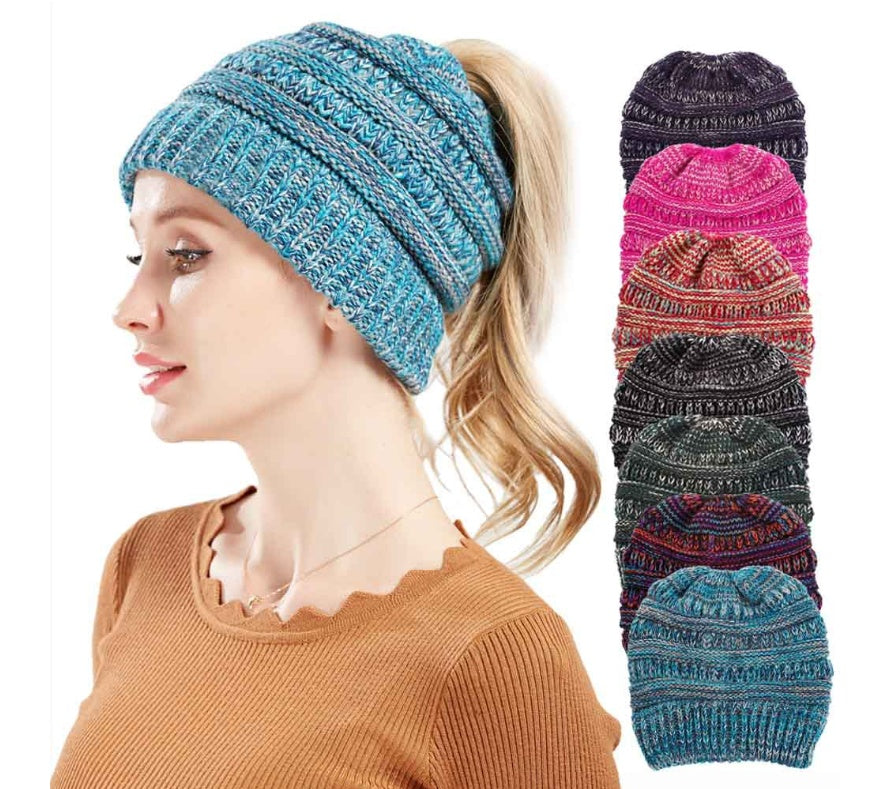 Mixed Color Knitted Wool Hat Ladies Non-labeled Ponytail Hat - ShoreCo.Shop
