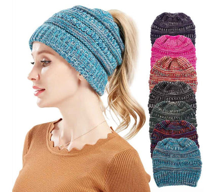 Mixed Color Knitted Wool Hat Ladies Non-labeled Ponytail Hat - ShoreCo.Shop