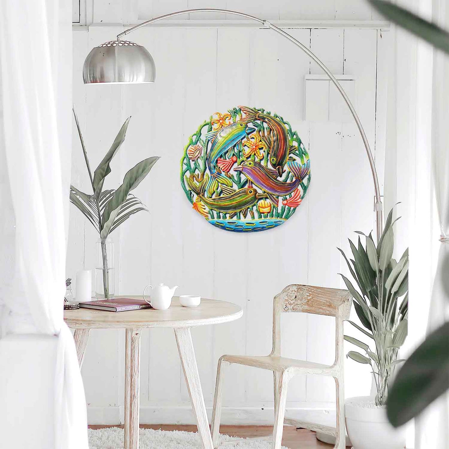 Coastal Playful Dolphins Haitian Metal Drum Wall Art    Home Decor Supply | Online Retail | ShoreShopper.com