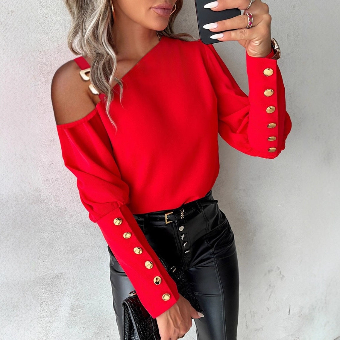 Fashion Lantern Sleeve Button Splicing Shirt Women Elegant Office Commuter O Neck Blouse Female Fall Spring Daily Casual Tops    Home Decor Supply | Online Retail | ShoreShopper.com