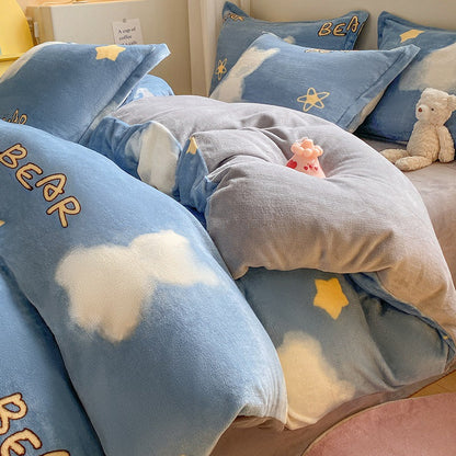 Winter Thickening Milk Fiber Bed Four-piece Coral Velvet Quilt Cover Flange Double-sided Bed Sheet Three-piece Bedding    Home Decor Supply | Online Retail | ShoreShopper.com