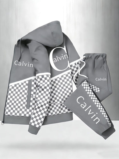 Men'S Hooded Tracksuit with Checkerboard Pattern and Calvin Letter Print | Casual Street Style, Non-Stretch Fabric, Geometric Pattern, Zipper Detail, Regular Fit for Spring/Fall    Home Decor Supply | Online Retail | ShoreShopper.com