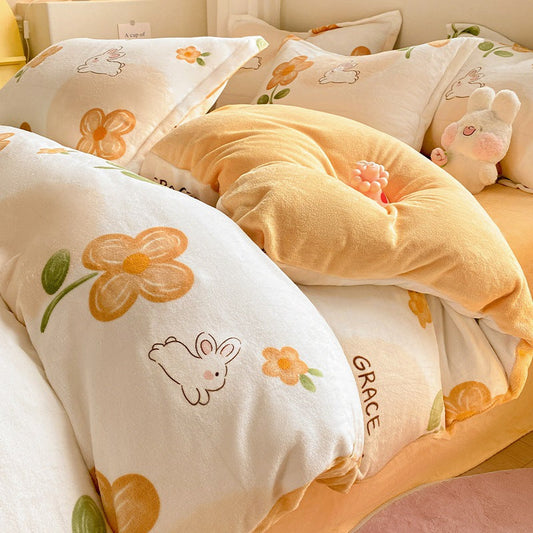 Winter Thickening Milk Fiber Bed Four-piece Coral Velvet Quilt Cover Flange Double-sided Bed Sheet Three-piece Bedding    Home Decor Supply | Online Retail | ShoreShopper.com
