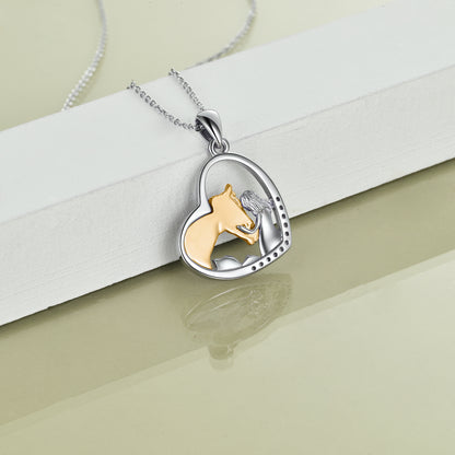 Sterling Silver Heart Pendant Necklace Embracing Horse Design - ShoreCo.Shop