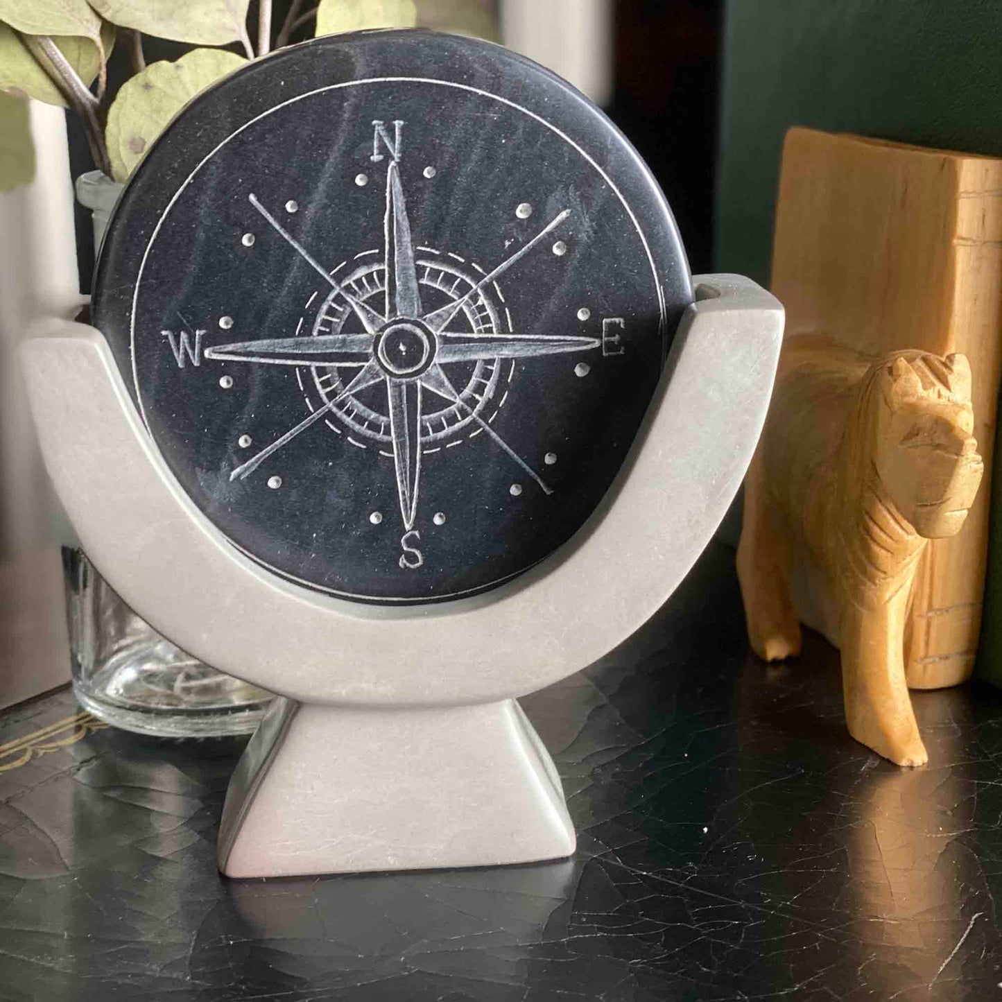 Compass Soapstone Sculpture, Dark Gray Stone    Home Decor Supply | Online Retail | ShoreShopper.com