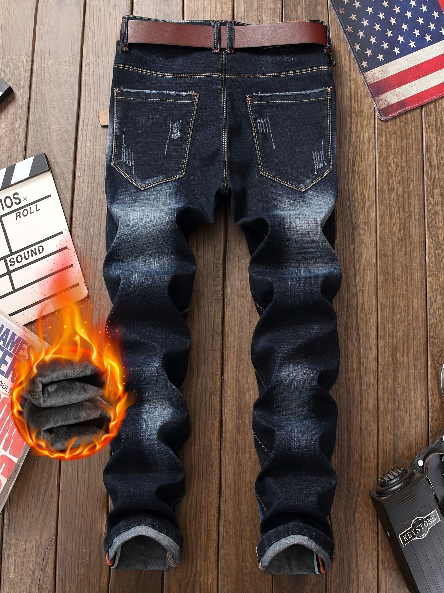 Men's Thermal Distressed Winter Jeans - Thickened Fleece-Lined Denim with Aged Patchwork & Heavy Wash Design    Home Decor Supply | Online Retail | ShoreShopper.com