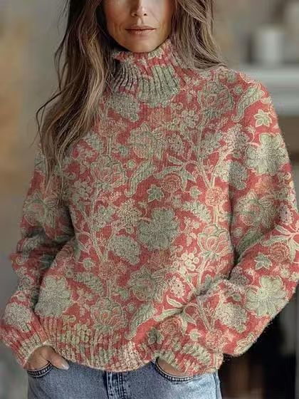 Elegant 3D Floral Print Turtleneck Sweater - Cozy Long Sleeve Pullover    Home Decor Supply | Online Retail | ShoreShopper.com