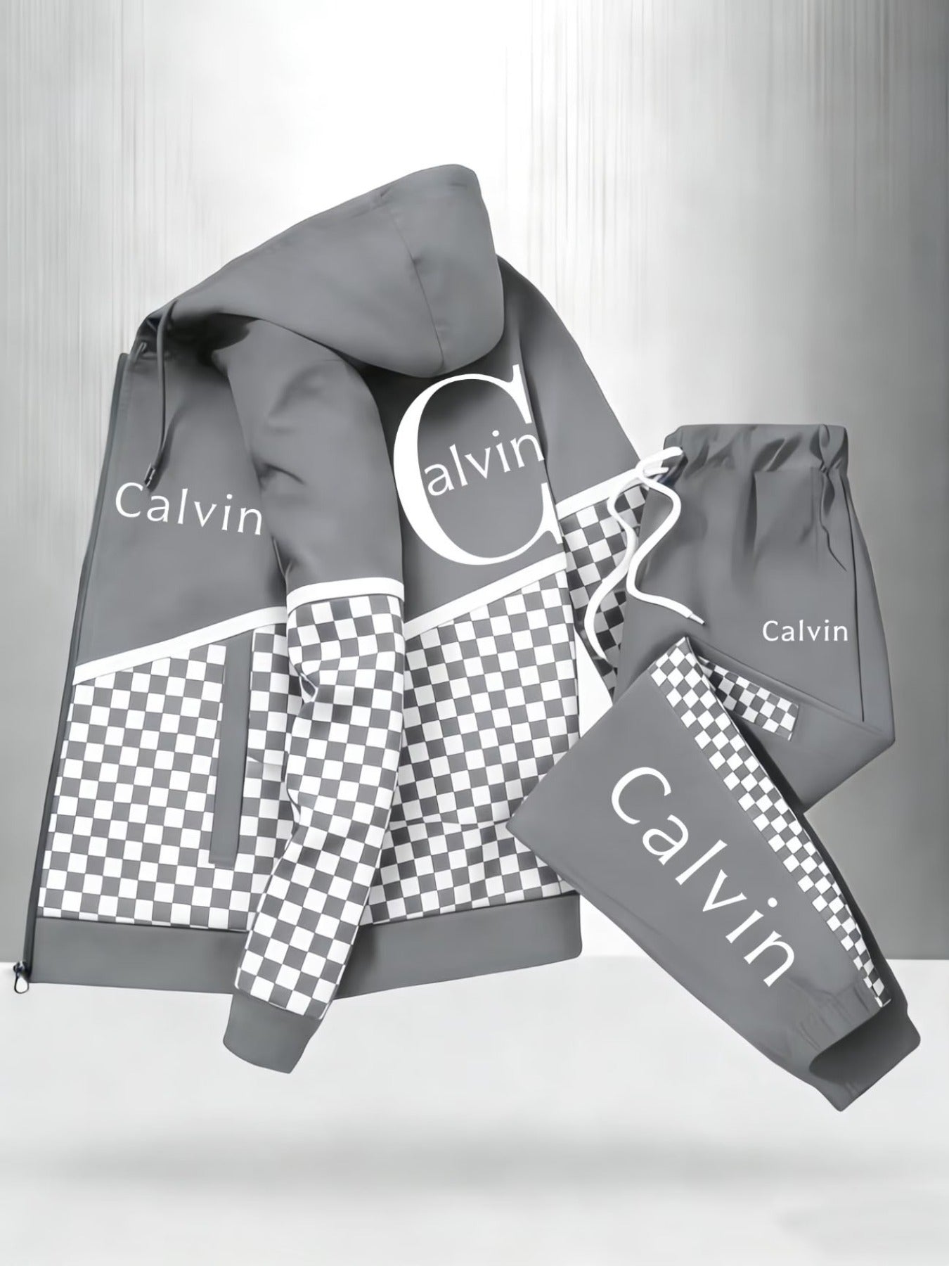 Men'S Hooded Tracksuit with Checkerboard Pattern and Calvin Letter Print | Casual Street Style, Non-Stretch Fabric, Geometric Pattern, Zipper Detail, Regular Fit for Spring/Fall    Home Decor Supply | Online Retail | ShoreShopper.com