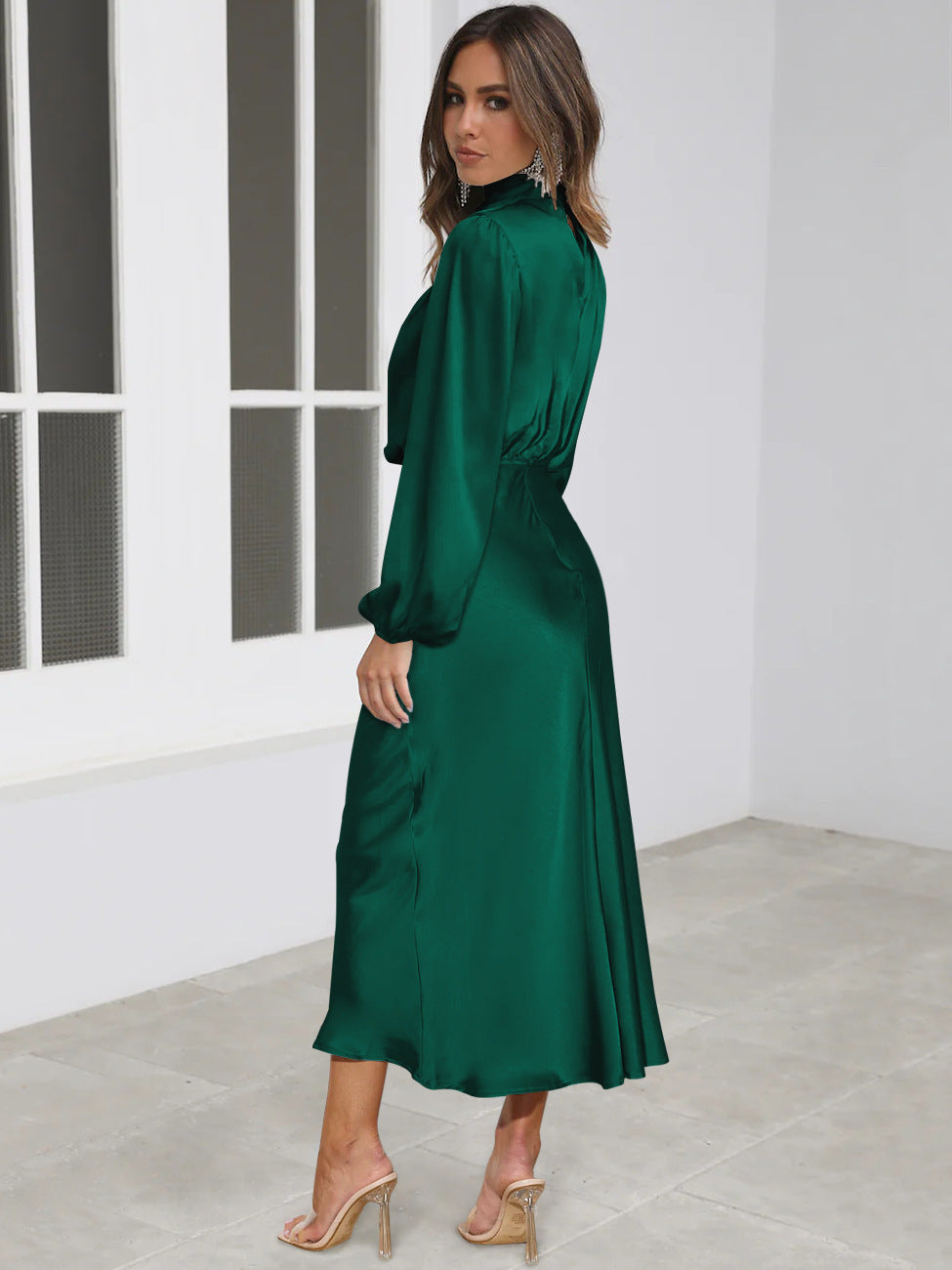 Elegant Temperament Long-sleeved Dress Satin Halterneck Formal Evening Dresses Women Clothing    Home Decor Supply | Online Retail | ShoreShopper.com