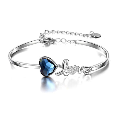 Blue Crystals from Austria Love Heart Bangle Bracelet in White Gold Plated Sterling Silver - ShoreCo.Shop