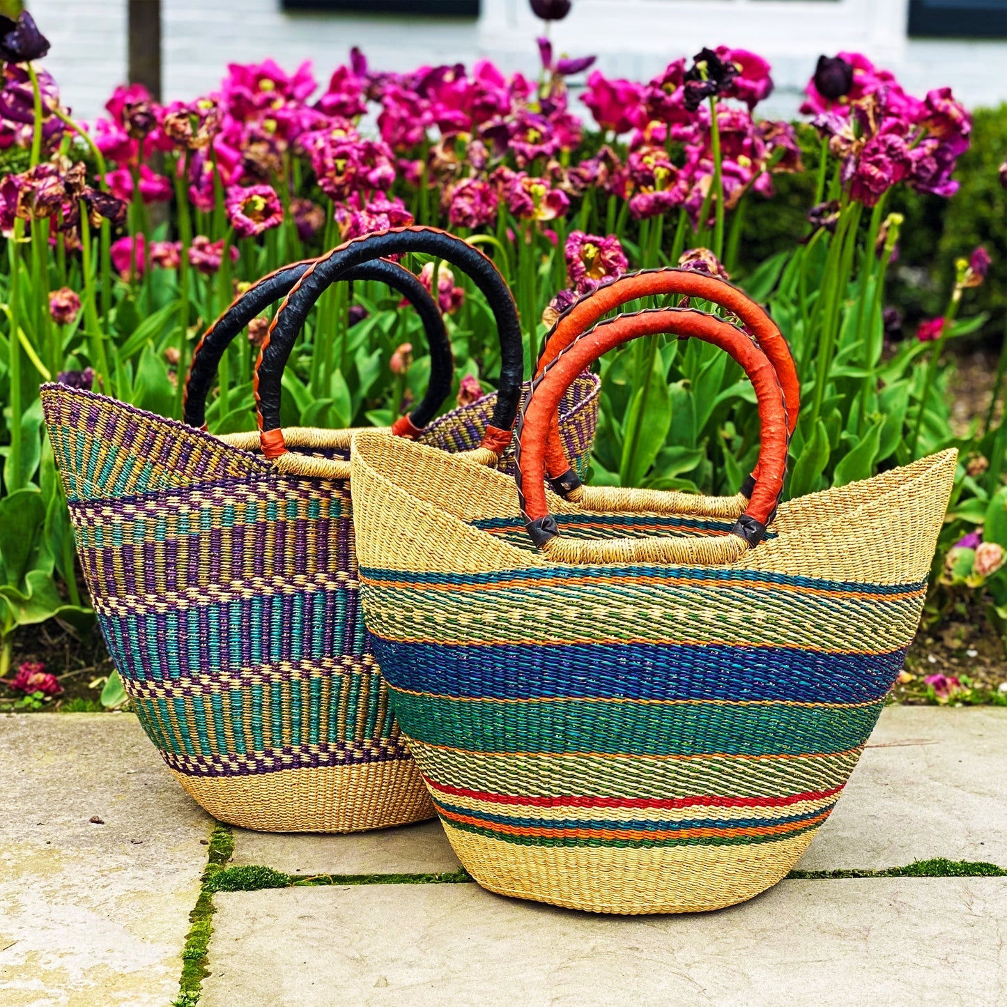 Bolga Tote, Mixed Colors with Leather Handle - 18-inch    Home Decor Supply | Online Retail | ShoreShopper.com