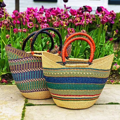 Bolga Tote, Mixed Colors with Leather Handle - 18-inch    Home Decor Supply | Online Retail | ShoreShopper.com