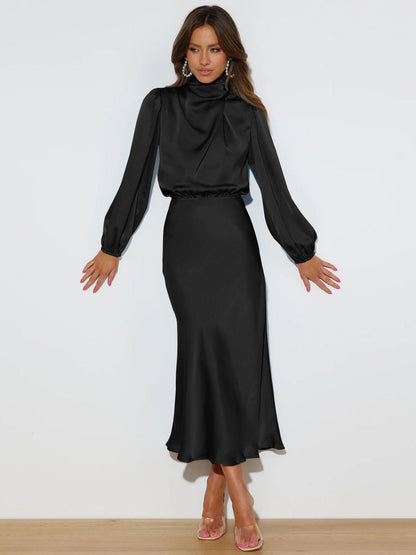Elegant Temperament Long-sleeved Dress Satin Halterneck Formal Evening Dresses Women Clothing    Home Decor Supply | Online Retail | ShoreShopper.com