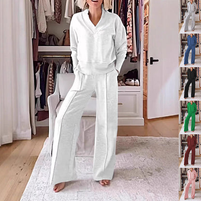 Women's Pullover Suit Casual Collared Long-Sleeved V-neck Top And Loose Straight-Leg Pants Fashion Sweatshirt Sport Trousers Set    Home Decor Supply | Online Retail | ShoreShopper.com