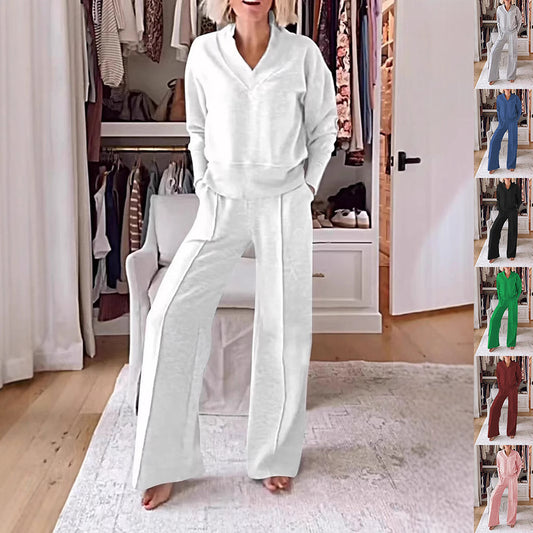 Women's Pullover Suit Casual Collared Long-Sleeved V-neck Top And Loose Straight-Leg Pants Fashion Sweatshirt Sport Trousers Set    Home Decor Supply | Online Retail | ShoreShopper.com