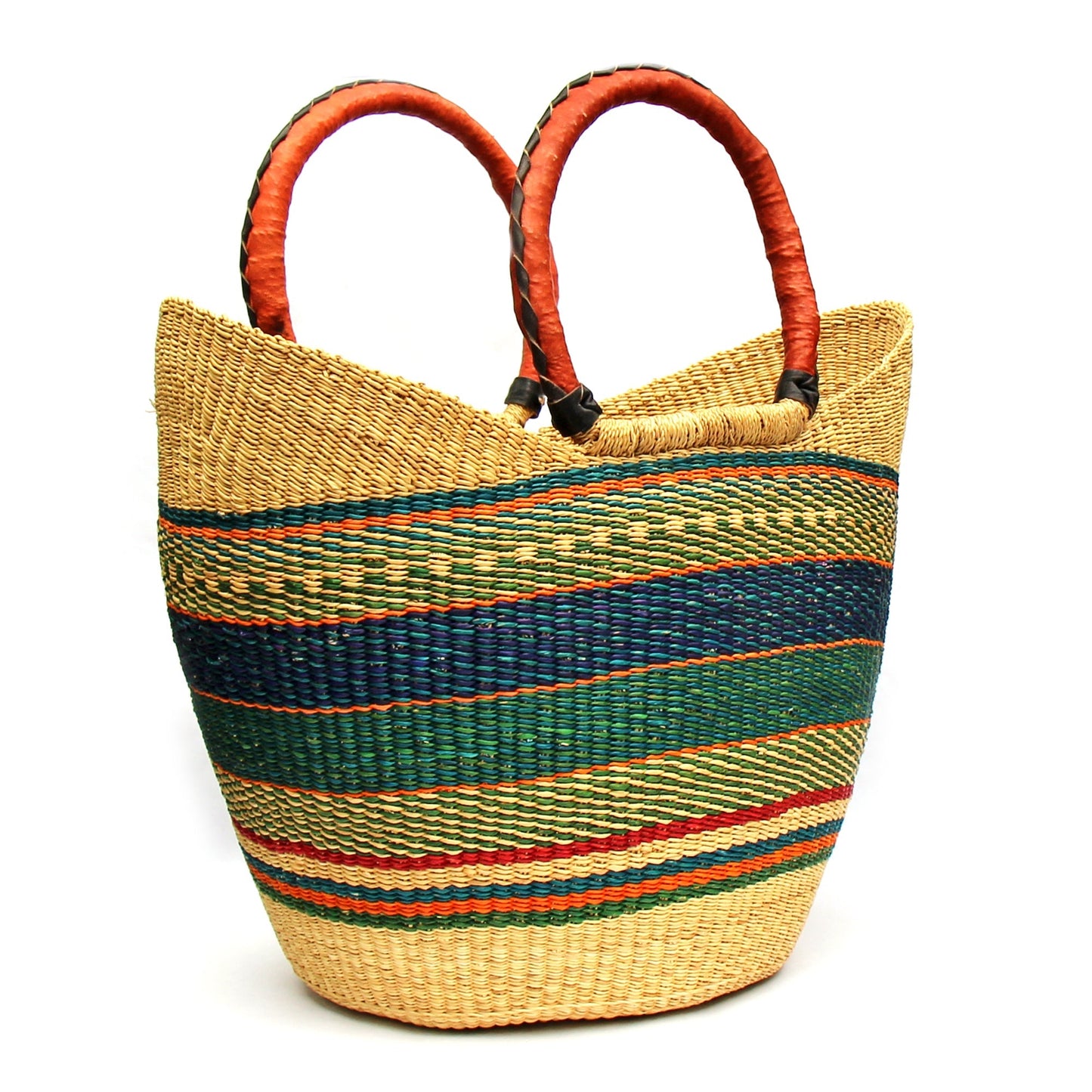 Bolga Tote, Mixed Colors with Leather Handle - 18-inch    Home Decor Supply | Online Retail | ShoreShopper.com
