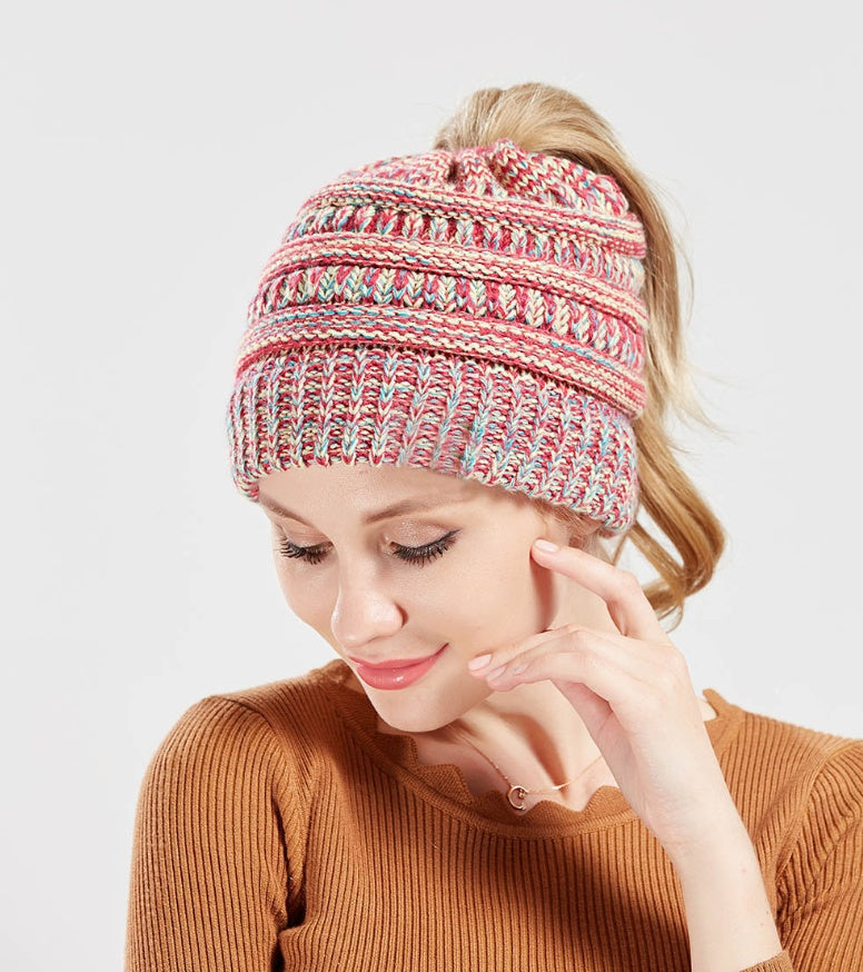 Mixed Color Knitted Wool Hat Ladies Non-labeled Ponytail Hat - ShoreCo.Shop