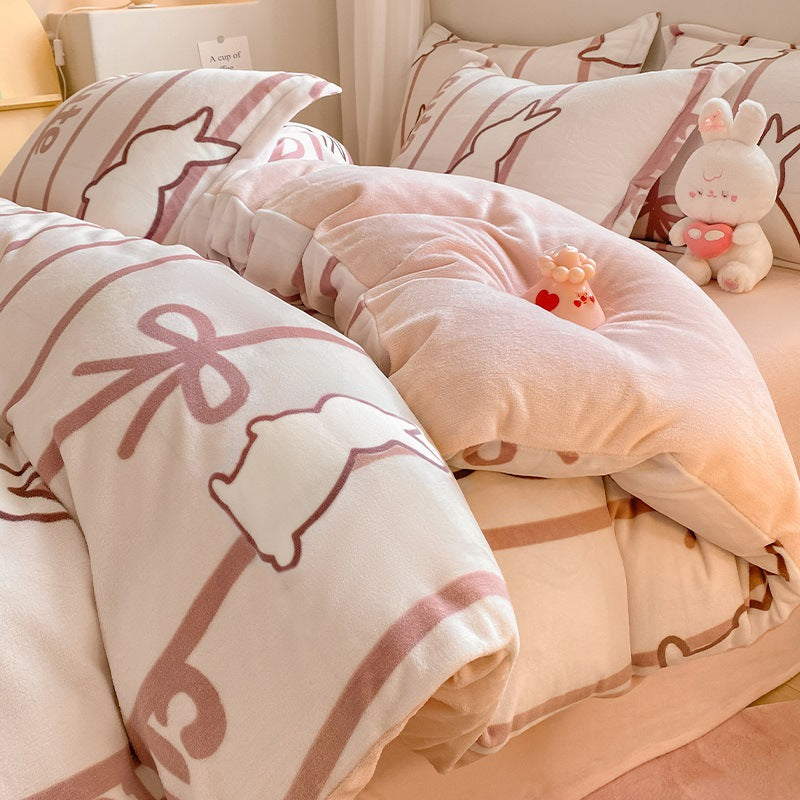 Winter Thickening Milk Fiber Bed Four-piece Coral Velvet Quilt Cover Flange Double-sided Bed Sheet Three-piece Bedding    Home Decor Supply | Online Retail | ShoreShopper.com