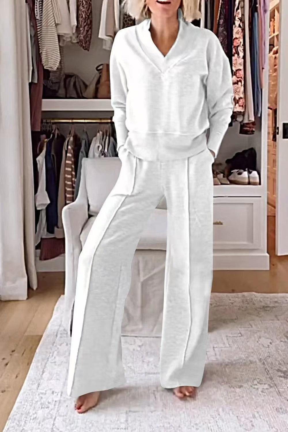 Women's Pullover Suit Casual Collared Long-Sleeved V-neck Top And Loose Straight-Leg Pants Fashion Sweatshirt Sport Trousers Set    Home Decor Supply | Online Retail | ShoreShopper.com