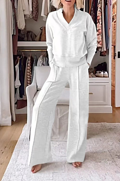 Women's Pullover Suit Casual Collared Long-Sleeved V-neck Top And Loose Straight-Leg Pants Fashion Sweatshirt Sport Trousers Set    Home Decor Supply | Online Retail | ShoreShopper.com