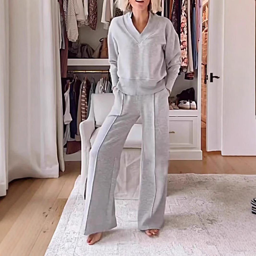 Women's Pullover Suit Casual Collared Long-Sleeved V-neck Top And Loose Straight-Leg Pants Fashion Sweatshirt Sport Trousers Set    Home Decor Supply | Online Retail | ShoreShopper.com