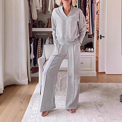Women's Pullover Suit Casual Collared Long-Sleeved V-neck Top And Loose Straight-Leg Pants Fashion Sweatshirt Sport Trousers Set    Home Decor Supply | Online Retail | ShoreShopper.com