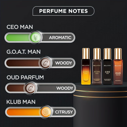 Bella Vita Luxury Long Lasting Perfume Gift Set for Man | 4x0.68oz | Gifts for Men | Woody, Citrusy, Oud, Premium Fragrance Scent | KLUB, OUD, CEO, G.O.A.T    Home Decor Supply | Online Retail | ShoreShopper.com
