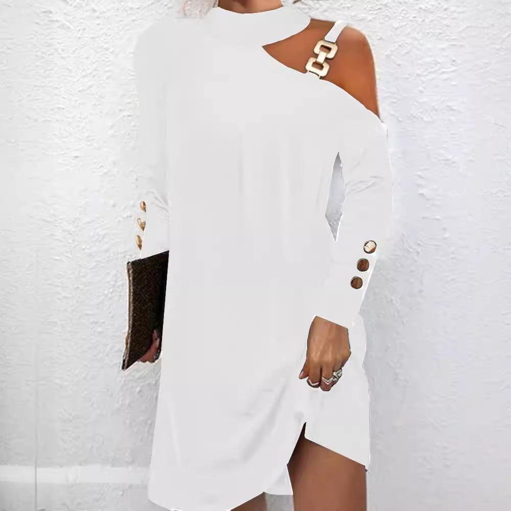 Fashion Women Solid Casual Dress Female Elegant Long Sleeve Metal Buckle Halter Neck Casual Mini Dress    Home Decor Supply | Online Retail | ShoreShopper.com