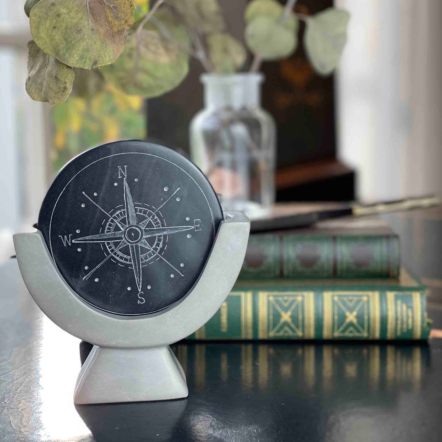 Compass Soapstone Sculpture, Dark Gray Stone    Home Decor Supply | Online Retail | ShoreShopper.com