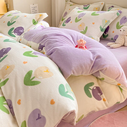 Winter Thickening Milk Fiber Bed Four-piece Coral Velvet Quilt Cover Flange Double-sided Bed Sheet Three-piece Bedding    Home Decor Supply | Online Retail | ShoreShopper.com