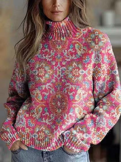 Elegant 3D Floral Print Turtleneck Sweater - Cozy Long Sleeve Pullover    Home Decor Supply | Online Retail | ShoreShopper.com