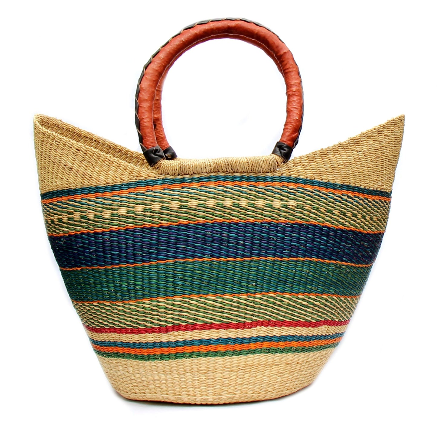 Bolga Tote, Mixed Colors with Leather Handle - 18-inch    Home Decor Supply | Online Retail | ShoreShopper.com