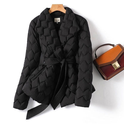 Winter Ripple-stitching Jacket With Belt Fashion Warm Pockets Lapel Coat Women's Temperament Lightweight Outwear Clothing    Home Decor Supply | Online Retail | ShoreShopper.com