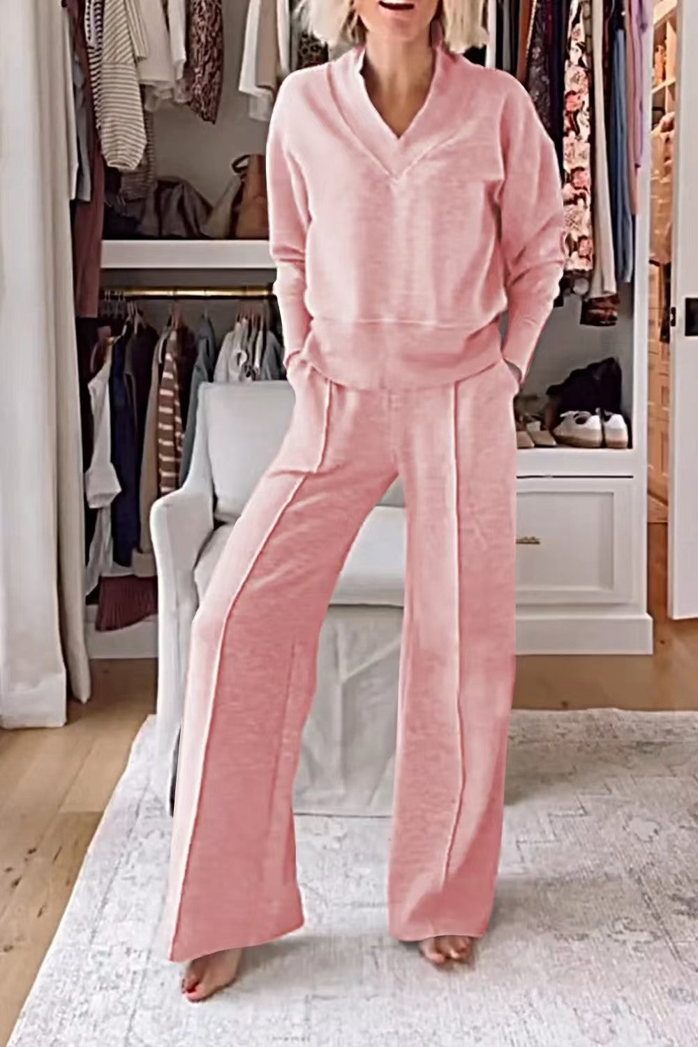 Women's Pullover Suit Casual Collared Long-Sleeved V-neck Top And Loose Straight-Leg Pants Fashion Sweatshirt Sport Trousers Set    Home Decor Supply | Online Retail | ShoreShopper.com