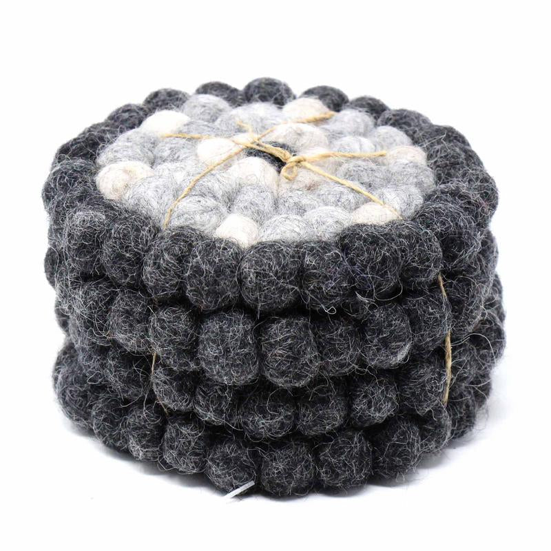 Hand Crafted Felt Ball Coasters from Nepal: 4-pack, Flower Black/Grey - Global Groove (T)    Home Decor Supply | Online Retail | ShoreShopper.com