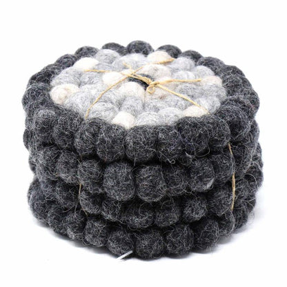 Hand Crafted Felt Ball Coasters from Nepal: 4-pack, Flower Black/Grey - Global Groove (T)    Home Decor Supply | Online Retail | ShoreShopper.com